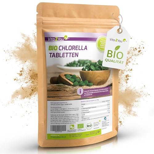 Vita2You Bio Chlorella Tabletten | 400mg pro Tablette | 1250 Presslinge | 500g Algen aus Ökologischen Anbau | Rohkost im Zippbeutel