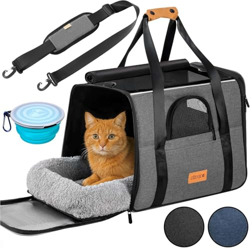 CADOCA® Katzentransportbox Faltbar | max. 20kg, Schultergurt, mit Napf, Atmungsaktiv, Haustier, Katzenbox, Tragetasche, Hunde, Auto, Sonne, Regen, Dach, grau