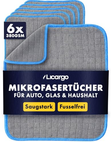 LICARGO Mikrofasertücher Auto 6er-Pack - Fusselfrei und Saugstark - 380 GSM | Allround Microfasertuch 40x40 cm, Autopflege innen & außen, Lackschonend, Poliertücher, Putztücher, Extrem Langlebig