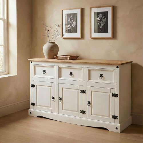 CARO-Möbel Sideboard Campo im Mexiko Stil Kommode Kiefer massiv weiß mit 3 Schubladen und 3 Türen Buffetschrank Geschirrschrank