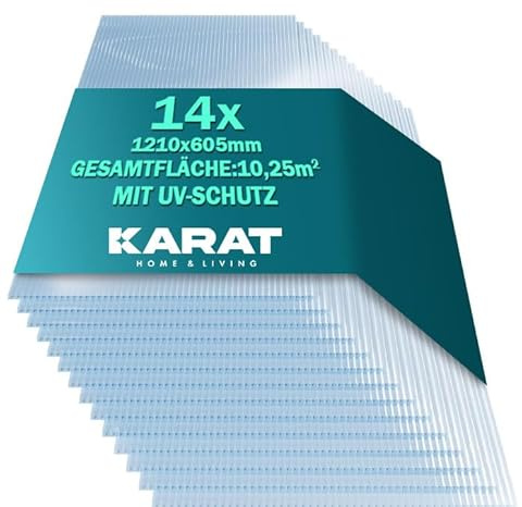 KARAT 10,25 m², Transparent 4 mm, Gewächshaus Stegplatten mit hoher Formbarkeit - 14 Stück - 60,5 x 121 cm - Hohlkammerplatten Doppelstegplatten aus Polycarbonat