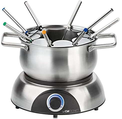 Clatronic® Fondue-Set | Edelstahl Fonduetopf (Ø 18,5 cm) | bis zu 1,2 Liter | Heizsockel mit Thermostat (beleuchtet) | 8 Edelstahl Fonduegabeln | Abnehmbarer Gabelhalter | FD 3783