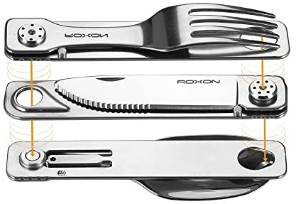ROXON 3-in-1 Knife Spoons Fork + Pouch - Magnetic Folding Stainless Steel Camping Besteck Set - EDC Portable Lightweight Cutlery for Hiking Backpacking Travel Lunchbox Outdoor geschirr Essentials