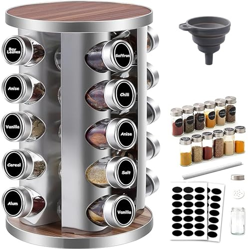 Gewürzregal mit 20 Gewürzgläsern 360° drehbar, Edelstahl Gewürzkarussell (430) mit Siebdeckeln, Gewürzständer stehend - Inkl. Etiketten, Stift & Trichter - Holzoptik, lebensmittelecht, staubdicht