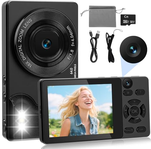 HERBYD 4K 64MP Digitalkamera mit Dual-Kameras Vorne und Hinten, Autofokus Kamera Fotokamera Kompakte Vlogging Kamera 2,8 Zoll Bildschirm, 18X Digitalzoom, 32G Karte für Kinder, Jugendliche, Anfänger