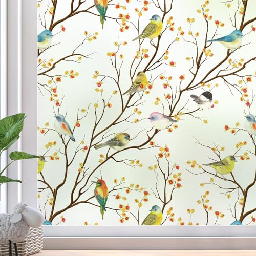 dktie Dekorfolie Glasmalerei Fensterfolie Selbsthaftend Milchglasfolie Statisch Haftend Vogel Fensteraufkleber Anti-UV Folie für Raumdekor, Badezimmer, Kinderzimmer, Schlafzimmer (Weiß, 90 x 200 cm)