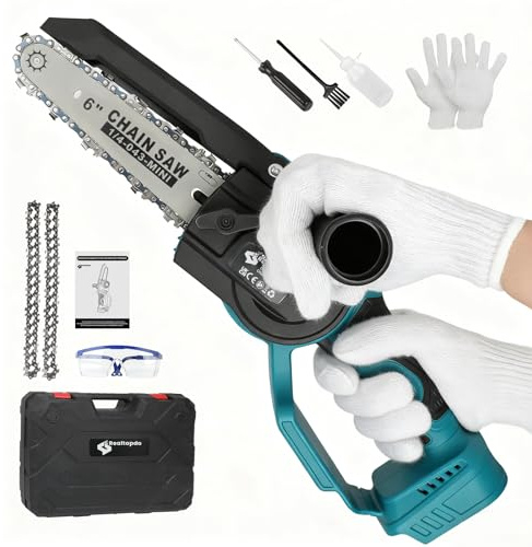 Realtopdo Mini Kettensäge 6-Zoll Bürstenlose Akku-Astsäge Kompatibel mit Makita 18V Akku, Handkettensäge mit Automatischer Öler, abnehmbarem Seitengriff für Gartenscheren Holzschneidenz (ohne Akku)