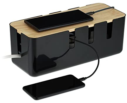 Relaxdays Kabelbox, für 2 Steckdosenleisten, Holzdeckel, Kunststoff, Kabel verstecken, HBT: 11,5x30,5x12,5 cm, Farbwahl