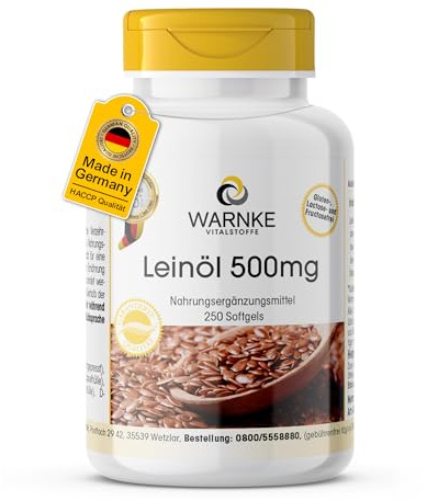 Leinöl 500mg Kapseln - Flaxseed Oil 500mg - 250 Softgels - schluckfreundlich - pflanzliche Omega 3-6-9 Kapseln - hochdosiert - Großpackung | Warnke Vitalstoffe - Deutsche Apothekenqualität