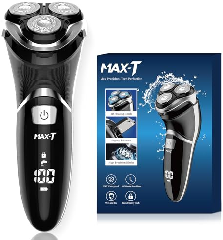 MAX-T Upgraded 3D ProSkin LED Rasierer Herren Elektrischer, Nass und Trockenrasierer mit Reiseverriegelung und Pop-up Präzisionstrimmer, Wiederaufladbarer und Kabelloser, Geschenke für Herren, Schwarz