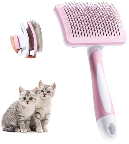 Vinabo Selbstreinigende Hundebürste für Kurzhaar & Langhaar, Tierhaarbürste für Hunde & Katzen, Unterfellbürste gegen Unterwolle & lose Haare, Fellbürste mit One-Click-Reinigung, Rosa