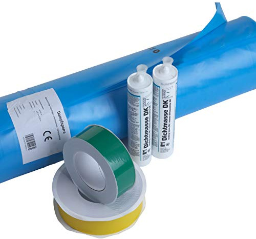 50m² Dampfsperrsystem 5 tlg.- 2x Klebeband 50mm 2x Klebedichtmasse 1x Dampfsperrfolie 4m x 12,5m Dachabdichtung Dampfsperre Dampfbremse Dachfolie Dach abdichten Set Abdichtset