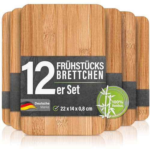12er Set Frühstücksbrettchen aus Bambus Holz, 22x14x0,8cm | Ideal für Frühstück, Brotzeit und kleine Mahlzeiten - Holzbrettchen Brettchen Frühstücksbrett Holzbrett