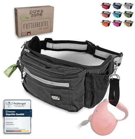 PAWZONE Leckerlitasche für Hunde als Bauchtasche mit Reflektorband | Leckerlibeutel für Hunde · Gassi Tasche Hund · Futterbeutel Hundetraining · Gürteltasche · Inkl. Zusatzgurt für Flexileine