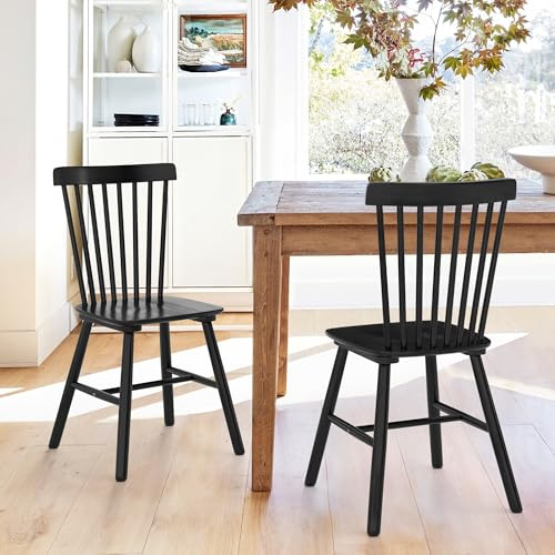 LUE BONA Esszimmerstühle 2er Set, Massivholzstuhl mit Spindel Rückenlehne, Klassische Windsor Küchenstühle für Esszimmer & Wohnzimmer, Schwarz