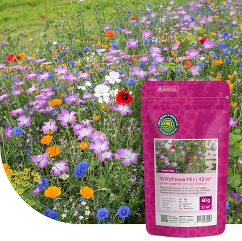 MRS Seeds Bunte Insektenfreundliche Wildblumensamen Mischung - 50g - 25m2 - Einjährige & Mehrjährige Blumenmischung für Wildbienen, Hummeln & Schmetterlinge - Höhe 20-180cm - Schnelle Aussaat