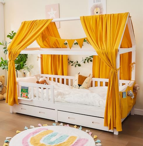ALAVYA HOME® Hausbett Himmel Deko Set 3-TLG – 2 Betthimmel + Wimpelkette, GOTS Bio-Musselin Baumwolle, Traumhimmel Kinderzimmer Lieblingsplatz, 125x350cm, Senfgelb