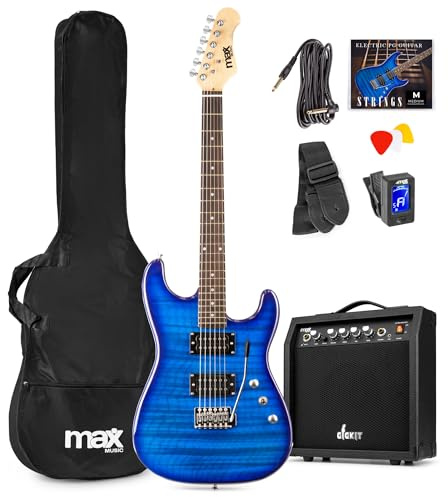 Max GigKit E Gitarre Quilted Style, E Gitarren Set mit Verstärker, Gitarrentasche, Plektrum, Stimmgerät Gitarre, Instrumentenkabel, Ersatzsaiten und Gitarrengurt, 22 Bünde - Dunkel Blau