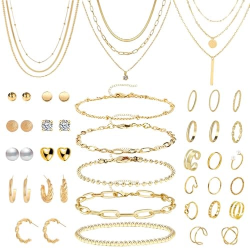 JSTHHTT 40 Stück Schmucksets für Damen, Goldschmuck Und Silberschmuck: Modeschmuck Schmuckset, Schmucksets Goldschmucksets für Frauen Trendige Klobige Goldene, Women's Jewellery Sets, Schmuckset Gold