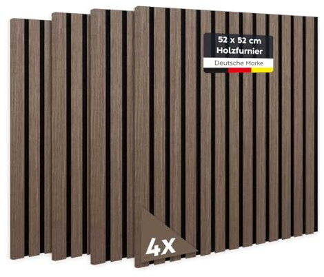 JELLE & JACOB Wandpaneele Akustikpaneele Holz Eiche Dunkel Furnier 52x52 cm, 4er Set 3D Wandpaneele Holz Wandverkleidung, Akustikpaneel Deko Wohnzimmer, Garderobe, Akustik Wand Paneele