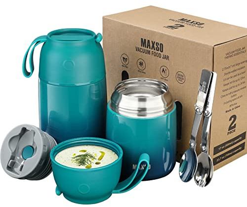 Thermobehälter für Essen 500ml & 700ml Kinder Edelstahl Warmhaltebebehälter mit faltbaren Löffel, Speißen, Suppe, Brei, Joghurt, Thermo Speisgefäß Unterwegs, 2 Isolierbehälter im Set, Bluegreen