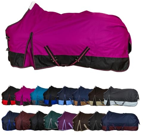 RL24 - Weidedecke 600D Basicline – Regendecke & Übergangsdecke – Wind- & wasserdichte Outdoordecke mit Innenfutter & Kreuzbegurtung – Pferdedecke in Beere/Schwarz – 135cm (Polarfleecefutter)