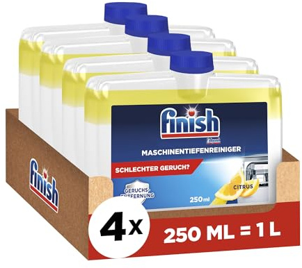 Finish Maschinentiefenreiniger Citrus, flüssiger Maschinenreiniger gegen Kalk und Fett für eine saubere Spülmaschine, Sparpack mit 4 x 250 ml Maschinenpfleger mit Zitronenduft