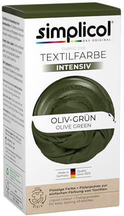 simplicol Textilfarbe intensiv Oliv-Grün 1er Pack | Textilfarbe Waschmaschinenfest | Flüssige Farbe & Fixierpulver mit Salz | Stofffarbe zum Neufärben, Umfärben & Auffrischen