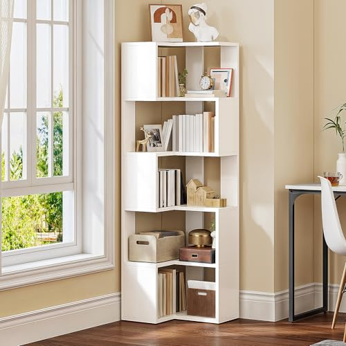 YITAHOME Hoher Eckbücherschrank, 6-stöckiges Eckregal aus Holz, 160 cm L-förmiges Bücherregal mit Kippschutz-Set, freistehendes Präsentationsregal für kompakte Bereiche, Wohnzimmer, Homeoffice