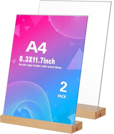 Aufsteller A4 Holz L&T Form, 2 Stück Tischaufsteller A4 Preisschilder Aufsteller mit Holzfuß Acryl Fotoaufsteller Werbeaufsteller Display mit Holzfuß für Werbung Menükarte Hochzeit Cafe Restaurant