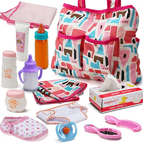 13-Teile Puppenzubehör, Fütter & Pflege Set | Windeltasche, Puppenwindel, Magischen Fläschchen, Wickelauflage, Ideal für kleine Mädchen & Rollenspiele