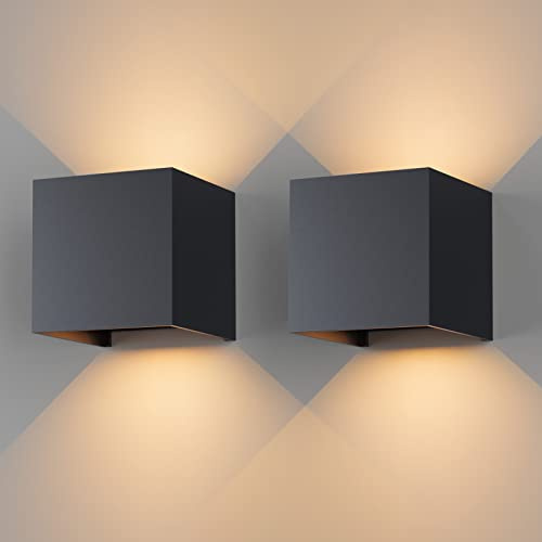 Klighten 2 Stück LED Wandleuchten Innen/Außen 12W Aussenlampe Auf und ab Einstellbarer Lichtstrahl, 3000K Warmweiß Außenwandleuchte IP65 für Wohnzimmer Schlafzimmer Balkon, Anthrazit