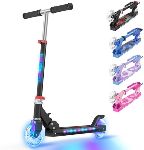 TONBUX Roller Kinder 6 Jahren, Kinder Roller mit Cool Beleuchteten Stangen, Rädern und Deck, 3-Stufig Höhenverstellbarer Kinderroller, Faltbarer Leichter Scooter Kinder von 5 bis 12 Jahren, Schwarz