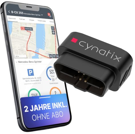 Cynatix GPS Tracker Auto, 2 Jahre ohne ABO, OBD2 Live-Ortung mit App & SIM | Keine Monatskosten, kein Vertrag. Einstecken, losfahren. Viele Alarme. Echtzeit für KFZ, LKW, Transporter & Wohnmobil