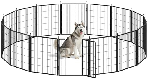Fobyfurny Welpenauslauf, Metall Welpenlaufstall, 80 cm Hoch, Faltbares Freilaufgehege mit Tür, für Innen und Außen, Tierlaufstall, Laufstall DIY, 16 Gitterplatten mit 2 Türschlössern, Schwarz