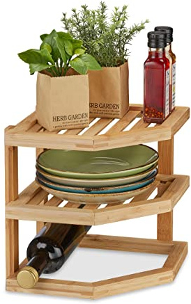 Relaxdays Schrankeinsatz Bambus, HBT 25,5 x 25,5 x 25,5 cm, Eckregal für Arbeitsplatte & Küchenschrank, 2 Ablagen, Natur