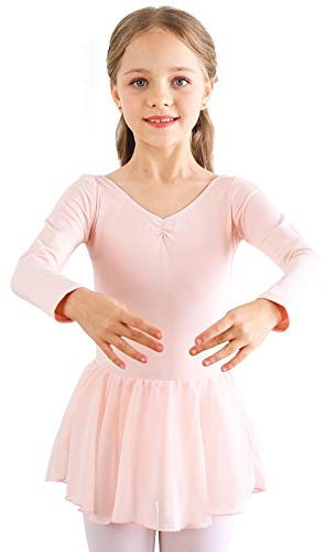 Bezioner Kinder Ballettkleidung Mädchen Ballettkleid Langarm Balletttrikot Ballettanzug Tanzkleid Tanzbody aus Baumwolle mit Chiffon Rock Tütü Rosa 110