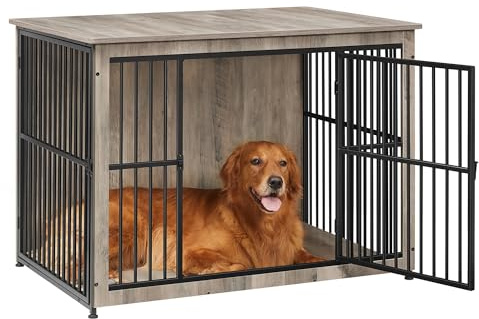 Feandrea Hundebox, Hundekäfig Möbel, Gitterbox aus Holz und Metall, mit 2 Türen und Geschlossenem Boden, 110 x 76 x 82 cm, für Zuhause, Helles Elfenbein und Tintenschwarz, Degwood PFC024G01