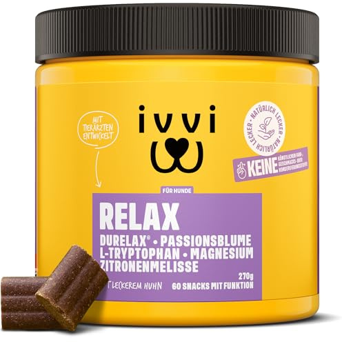 ivvi Relax - Sanfte Entspannung für Hunde – Beruhigende Leckerlis mit L-Tryptophan & Kräutern - hilfreich zur Beruhigung bei Angst und Stress - 60 leckere Snacks mit Huhn