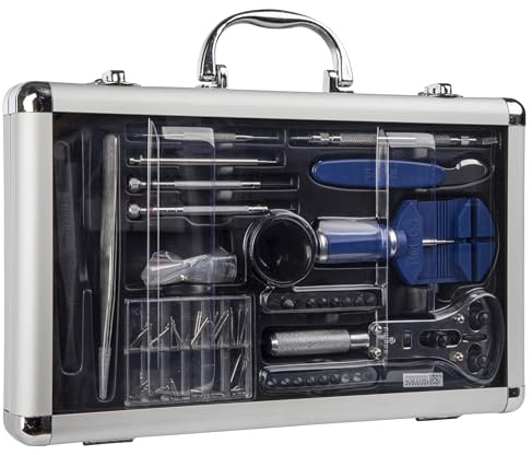 Brüder Mannesmann Uhrmacher-Werkzeugsatz, Feinmechaniker-Reparaturset im Alu-Koffer mit Präzisionsschraubendrehern, Federstegen und Dichtungen, 1 Set | M11760