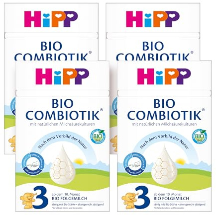 HiPP 3 Bio Combiotik (4 x 600g), Folgemilch ab 10. Monat, mit natürlichen Milchsäurekulturen, Vitamine C und D, GOS, Omega-3 (DHA, ALA), altersgerecht sättigend