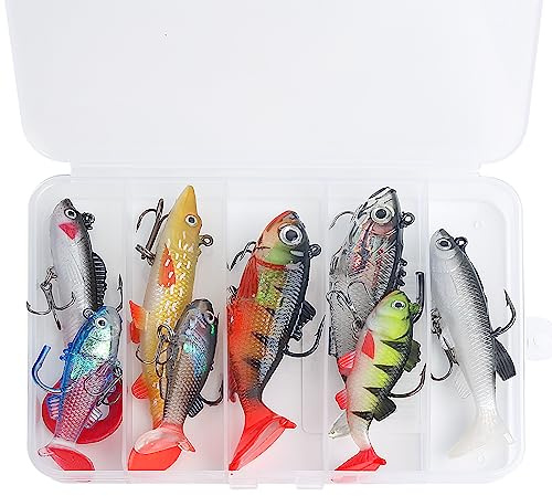 Realure 8 Stück Gummifische Angelköder Set, Lebendige Weiches Angelköder | Gummiköder Einschließen Hecht Köder, Barsch Köder, Spinnfischen 3D-Augen Kunstköder, für Süßwasser, Salzwasser