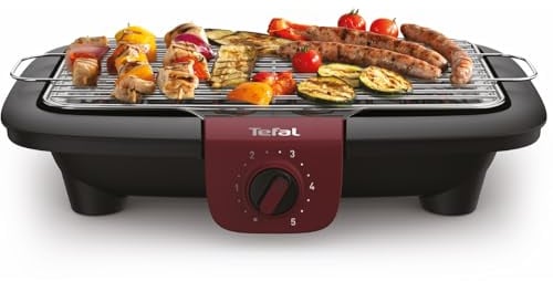 Tefal Easygrill Adjust Red Elektrogrill, 2300 Watt Tischgrill, 870 cm² Grillfläche, einfache Reinigung, Grillrost und Tropfschale spülmaschinenfest, vollständig zerlegbar, schwarz/burgunderrot, BG90E5