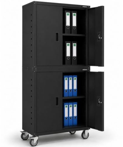 Arebos Aktenschrank Büroschrank | Schwarz | 195 x 40 x 90 cm | 2er Set | 4 Türen | mit Räder | 2 höhenverstellbare Einlegeböden | mit Zylinderschloss