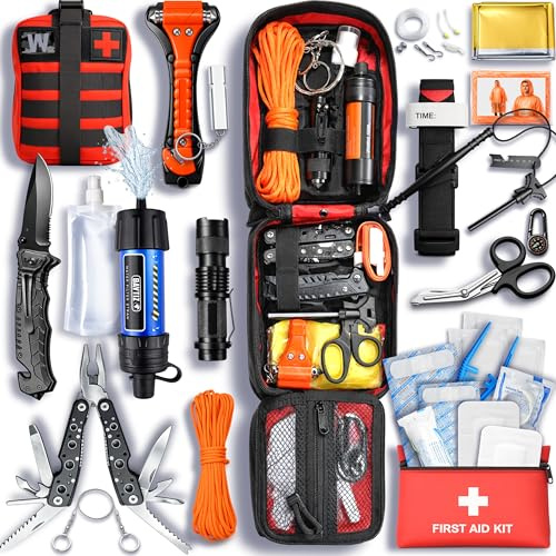WONCROW ® Survival Kit + Erste Hilfe Set - mit Wasserfilter Strohhalm und Outdoor Ausrüstung - Zubehör Camping Wandern Fahhrad Militär Rucksäcke Verbandskasten Auto Gadget Männer Kinder Armband Tasche
