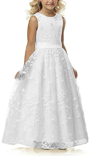 Aibaowedding Boho A-Linie Kommunionkleid Mädchen Spitze mit Satin Gürtel | Spitzenkleid mit floraler Stickerei, Rundhalsausschnitt und Satin-Gürtel, Kommunion und Blumenmädchenkleid für Mädchen
