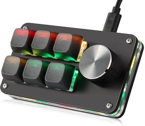 Koolertron 6 Tasten Programmierbare Tastatur, Tragbar Mini Tastatur mit Drehknopf, Vollständig Anpassbare Makro Tastatur mit RGB-Beleuchtung, 6 Ebenen einstellbar, Gaming Tastatur für Spiele Büro