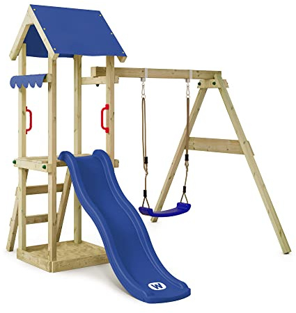 WICKEY Spielturm Klettergerüst TinyWave mit Schaukel & Blauer Rutsche, Outdoor Kinder Kletterturm mit Sandkasten, Leiter & Spiel-Zubehör für den Garten