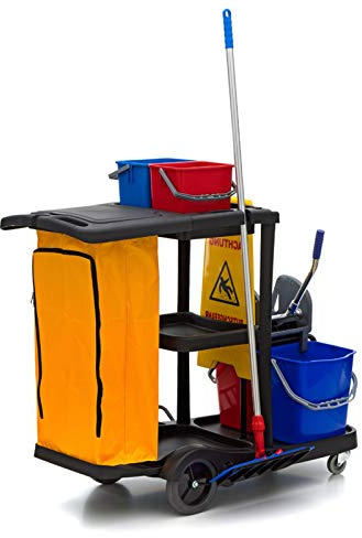 Wisch-Star Kunststoff Putzwagen mit Presse, Eimer & Müllsackhalterung | 2 x 25L Eimer, 2 x 6L Eimer, Ablage 120L Müllsackhalterung, ideal für die professionelle Reinigung in Betrieben