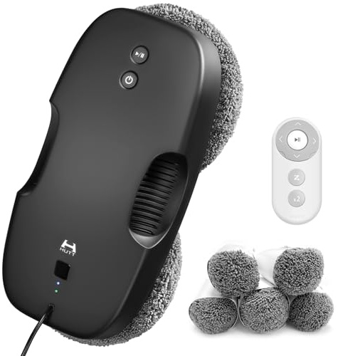 HUTT DDC5 Fensterputzroboter 3800PA, Fensterputzer Elektrisch, Automatischer Fensterroboter, Fensterreiniger Roboter Fernbedienun, für Große Außenfenster, Glas, Fliesen, 12x Lappen, Schwarz